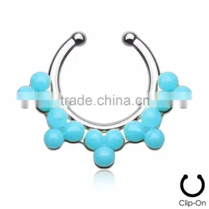 Fake Clip On Septum Clicker Hanger Nose Ring Blue Beads thumbnail-1