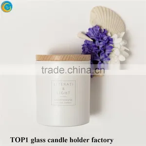 Matte Black White Glass Candle Holder With Wooden Lid thumbnail-1