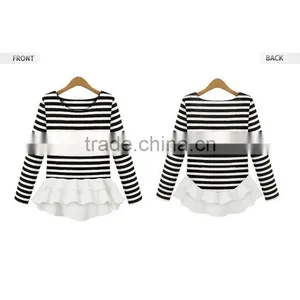 Autumn Latest Design Round Neck Ivory Long Sleeve Chiffon Stitching Knitting Striped Printing t Shirt Design thumbnail-4