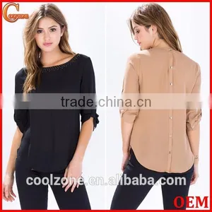 Latest Roll Sleeves Beaded Woman Blouse Fashion Blouse for Daily Life thumbnail-1