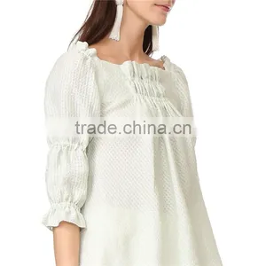 Soft Allover Puckered Weave Mint Linen Stripe Blouse thumbnail-3