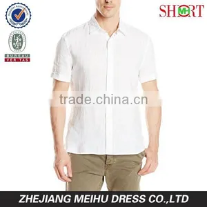 100% Linen Men's Short Sleeve Cuffed Sleeve Point Collar Solid Linen Shirt thumbnail-1