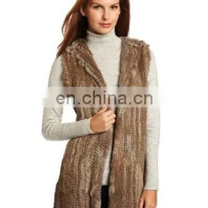 Women's Long Rabbit Fur Knnited Vest With Hood thumbnail-3