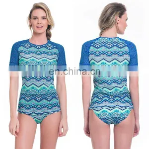 Women UV Protection Swimwear Short Sleeve High Neck Compression Subliamated Rash Guard With Contrast Sleeves thumbnail-1