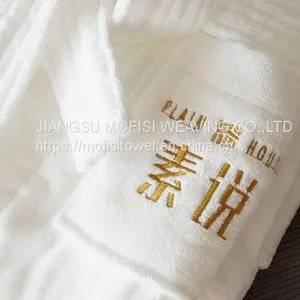 Shawl Collar Bathrobe 100% Cotton White Robe With Embroidery thumbnail-2