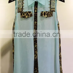 2014 Design Leopard Printed Turquoise Contract Chiffon Blouse thumbnail-1