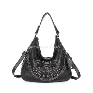 Punk Style Unisex Leather Handbag Large Capacity Portable Rivet Bag thumbnail-3