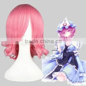 High Quality 35cm Short Curly Touhou Project-Saigyouji Yuyuko Pink Synthetic Anime Wig Cosplay Costume Hair Wig Party Wig thumbnail-1
