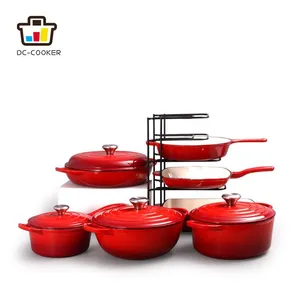 7 Piece Cast Iron Enameled Cookware Set - Red, RDO, Braiser, Skillet, Square Skillet Grill & Rect. Roaster) thumbnail-1