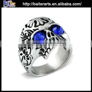 Wholesale Vintage Titanium Blue Stone Skull Ring thumbnail-1