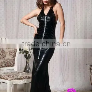 Latest Fashion Front Zipper Party Wear Black Leather Ladies Maxi Dress thumbnail-1