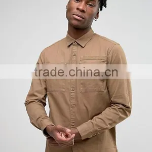 Custom Long Sleeve Spread Collar Twin Chest Pockets Mens Pre-Shrunk 100% Cotton Breathable Comfot Fit Casual Khaki Plain Shirts thumbnail-1