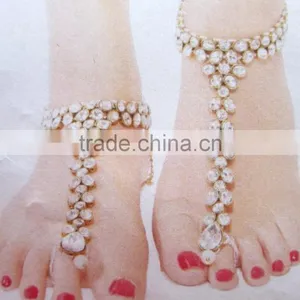 GOLD Tone Crystal Pearl PAYAL Anklets Toe Ring Barefoot Sandal thumbnail-1
