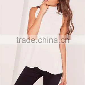 Plain White High Collar Sleeveless Knitwear With Split Back Women Wrap Back Tunic Top White thumbnail-2
