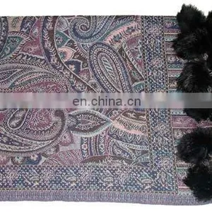 Paiseley Design Shawl With Fur Balls in Mexico thumbnail-1