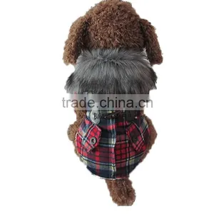 Luxury Fur Collar Horn Buttons Red and Blue Lattice Plaid Dog Coat With Extra Heavy Soft Wool Material Fit for Autumn and Winter thumbnail-2