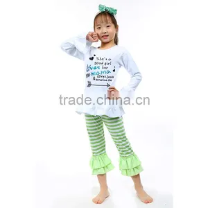 Persnickety Remake Children Boutique Clothing Set Kid Green Stripe Ruffle Pants Outfits for Girls Clothing Sets thumbnail-1