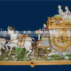 Vintage Art Decorated Ceramic Enamel Table Clock, Ornate Angel Playing Instrument Gilt and Turquoise Desk Clock thumbnail-6
