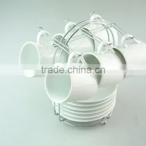 Bulk Stock High White 6pcs Ceramic Cup and 6pcs Saucer Rack With Metal Rack thumbnail-1