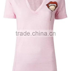 OEM Latest Womens Short Sleeve Custom T Shirt Printing Ladies V Neck Printed T Shirts thumbnail-2