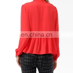 CHEFON Long Sleeve Tie Collar Relaxed Fit Peplum New Model Blouse for Women thumbnail-3