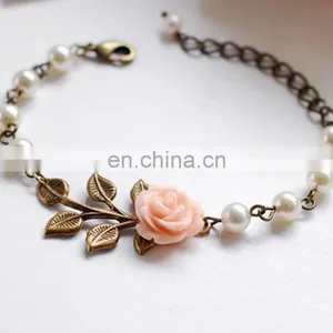 Peach Pink Flower Leaf Ivory Cream Pearls Bracelet Vintage Inspired Wedding Bridal Pearl Bracelet thumbnail-2