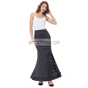 Belle Poque Women Vintage Retro Victorian Style Ruffled Jacquard Fishtail Mermaid Black Long Maxi Skirt BP000204-1 thumbnail-5