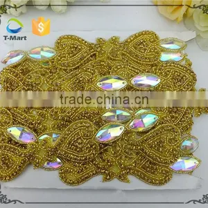 Gold Trim Wedding Bridal Dress Belt Sash Rhinestone Applique thumbnail-3