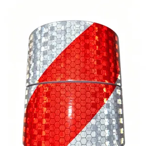 Red & White Diagonal Honeycomb Reflective Sheeting / Red White Striped Crystal Lattice Reflective Tape thumbnail-1