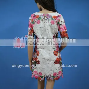 Romantic French Rose Printing Crochet 3/4 Sleeve Lace Dress thumbnail-5