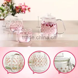 Hot Selling Borosilicate Glass Teapot With Glass Infuser Pink Flower Design Teaset 650ml 2pcs 350ml Tea Cups thumbnail-3