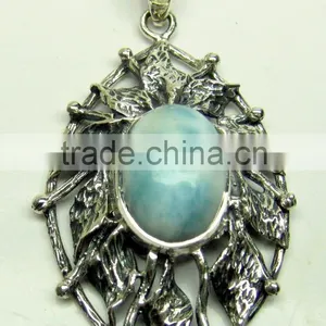 Larimar Oval Cabochon Oxidised Gemstone Pendant, 925 Solid Sterling Silver Pendants, Designer Casting Bezel Pendant thumbnail-2