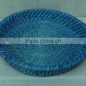 Vietnam Handcrafted Blue Lacquered Round Bamboo & Rattan Tray thumbnail-1