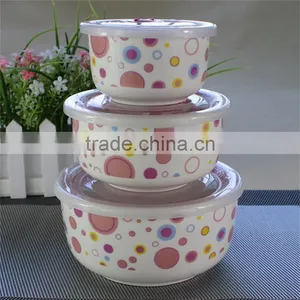 Ceramic Bowl , Set 3 Preservation Fresh Seal Bowl Set,3pcs Ceramic Salad Bowl Set With Plastic Lid thumbnail-1