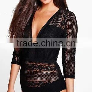 2016 Cheap Wholesale Hot Sale Popular Sexy Open Girl Lace Long Sleeve Bodysuit Women thumbnail-1