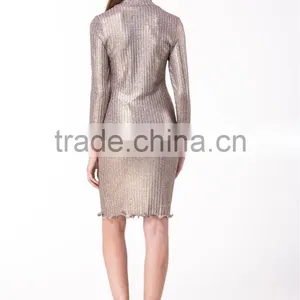 2017 New Arrival Metallic Gold Knitted Sweater Long Sleeve Hight Neck Tight Fit Pullover & Skirt Co-ord Set thumbnail-2