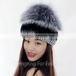 CX-C-244C Ladies Fashion In Stock Hats Rex Rabbit Fur And Sliver Fox Fur Hat Cap thumbnail-1