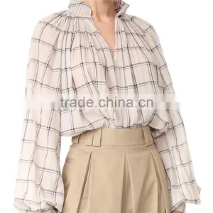 2017 OEM Spring Femme Airy Sand Windowpane Checks Tunic Blouse thumbnail-2