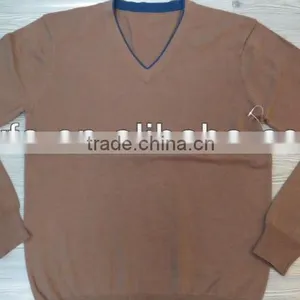 Brown V Neck Fashion Design 100% Cotton Pullover Knitted Sweater thumbnail-1