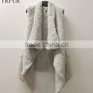 YR1026 Super Quality Real Rabbit Hand Knitted Waterfall Vest Cropped Fur Waistcoat thumbnail-1