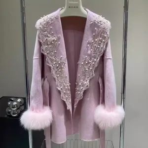 New Autumn and Winter Bespoke Lace Wool Coat, Women's Mid-length Fox Fur Double-sided Woolen Cape Coat thumbnail-2