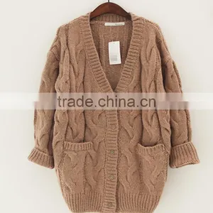V-neck Jacquard Knitting Wear Long Sleeve Pocket Long Lady Winter Thick Sweater Cardigan thumbnail-1