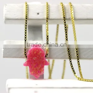 High Quality Synthetic Pink Opal Hamsa/Hand Opal 18K Gold Plated 925 Sterling Silver Box Chain Necklace Made in China thumbnail-5