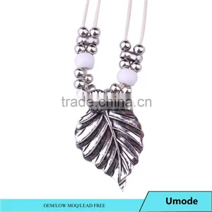 Vintage Ethnic Bohemian Leaf Charm Pendant Rope Chain Silver Necklace thumbnail-1