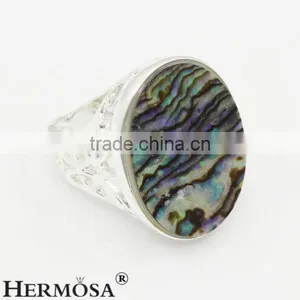 Precious Rainbow Real Abalone Shell 925 Sterling Silver Oval Big Stone Ring thumbnail-3