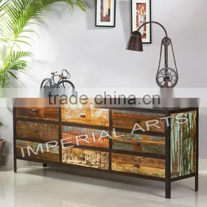 INDIAN IRON BASE RECYCLE WOOD 9 DRAWER CHEST, HOME FURNITURE thumbnail-2
