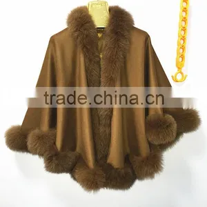 OEM Women Wholesale Hebei Camel Cashmere and Fox Fur Trim Cape thumbnail-1