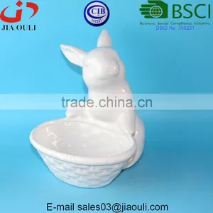 BSCI Audit Factory Popular Easter Decorations Ceramic Bunny With Basket , Lovely Rabbit Figurines thumbnail-3