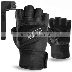 WEIGHT LIFTING GLOVES LEATHER GYM LONG STRAP WORKOUT BODY BUILDING GLOVES BLACK thumbnail-1