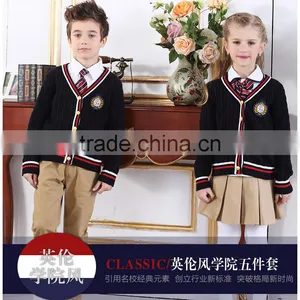 2016 Children School V Neck Buttoned Contrasted Trims Cable Knit Cardigan Uniform Sweater thumbnail-1